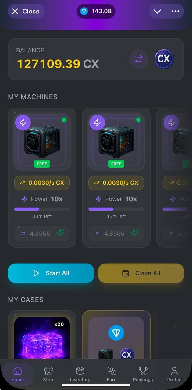 Home Screen screenshot showing CaseX app interface